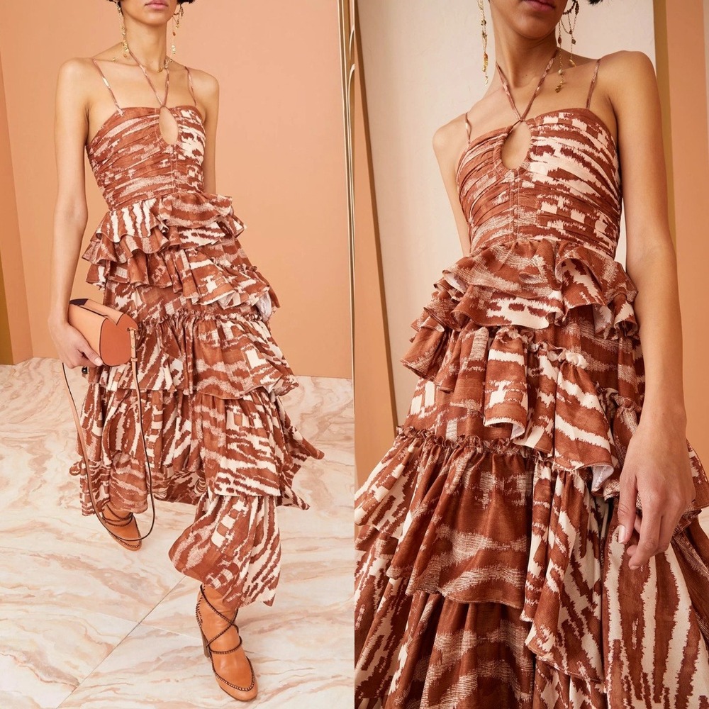 Ulla Johnson Dress Silk Tiered Ruffle Zenat Midi Dress Brown Ikat Print Size 6
